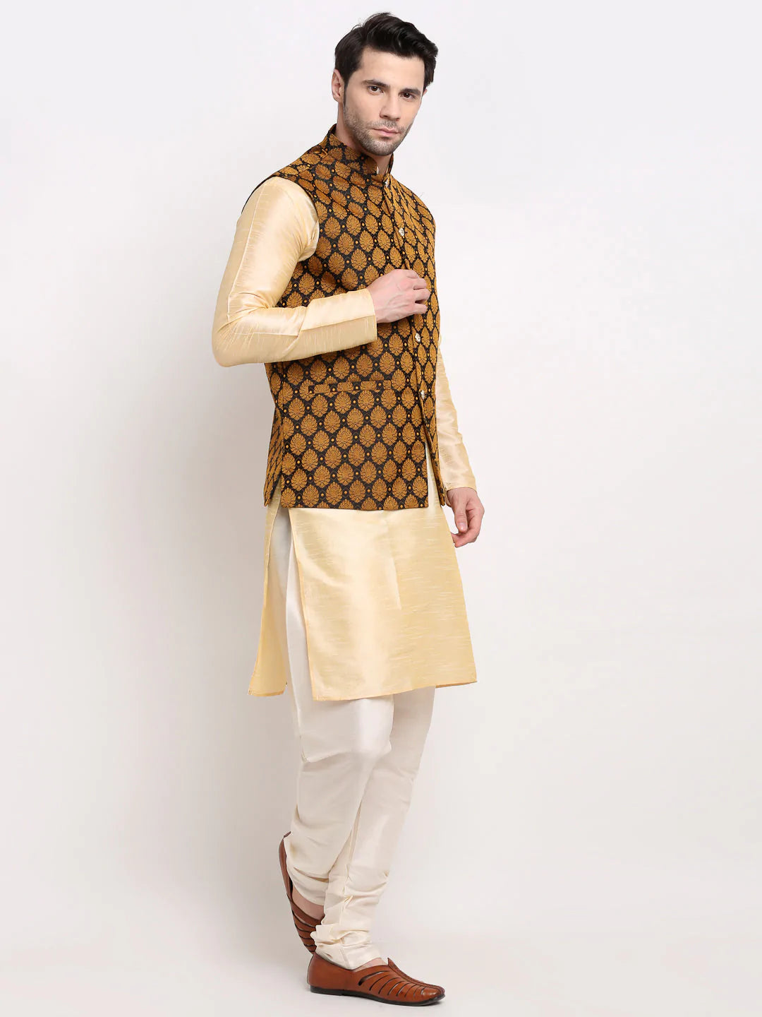 Jompers Men's Golden Dupion Silk Kurta with Churidar & Nehru Jacket ( JOKPWC G-D 4026Black )