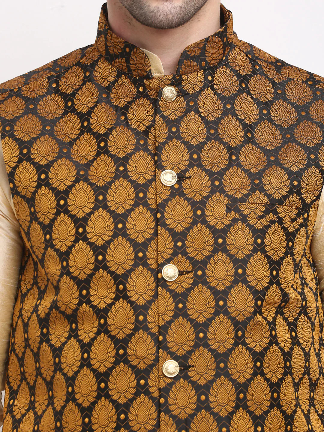 Jompers Men's Golden Dupion Silk Kurta with Churidar & Nehru Jacket ( JOKPWC G-D 4026Black )