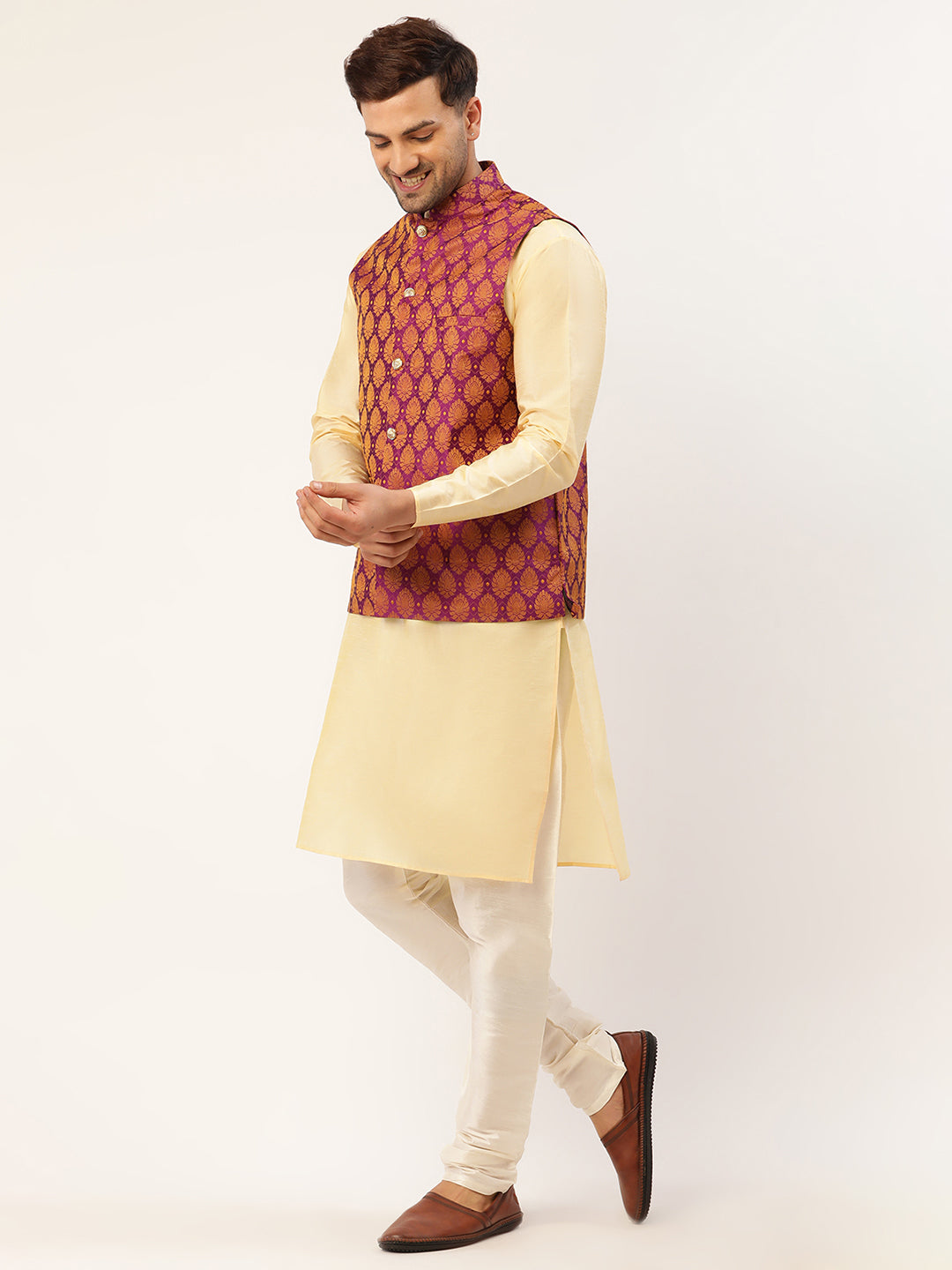 Men's Woven Design Nehru Jacket and Kurta Pyjama Set ( JOKPWC G-D 4026 Pink )