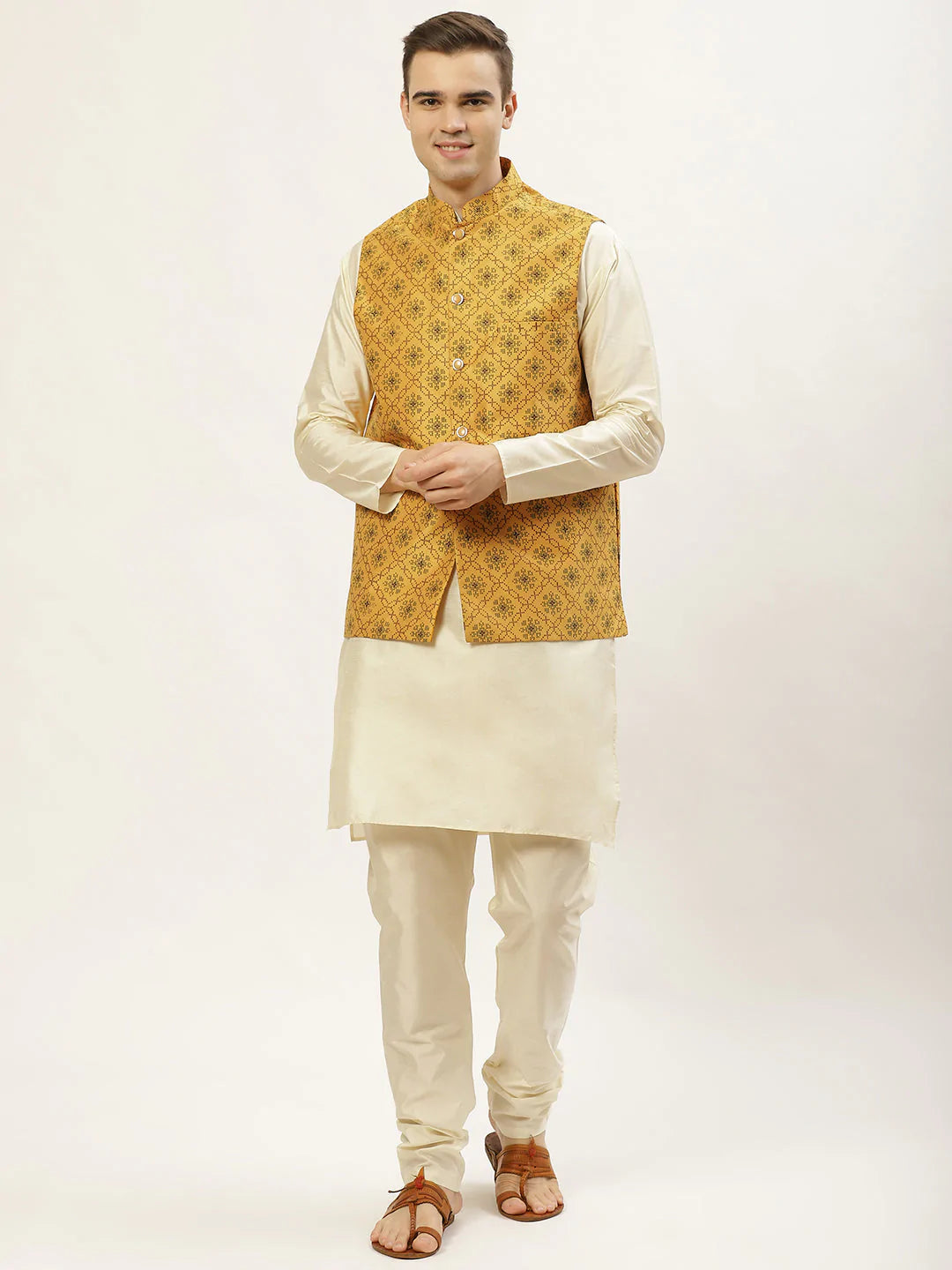 Men's Printed Nehru Jacket and Kurta Pyjama Set( JOKPWC W-D 4031Mustard )