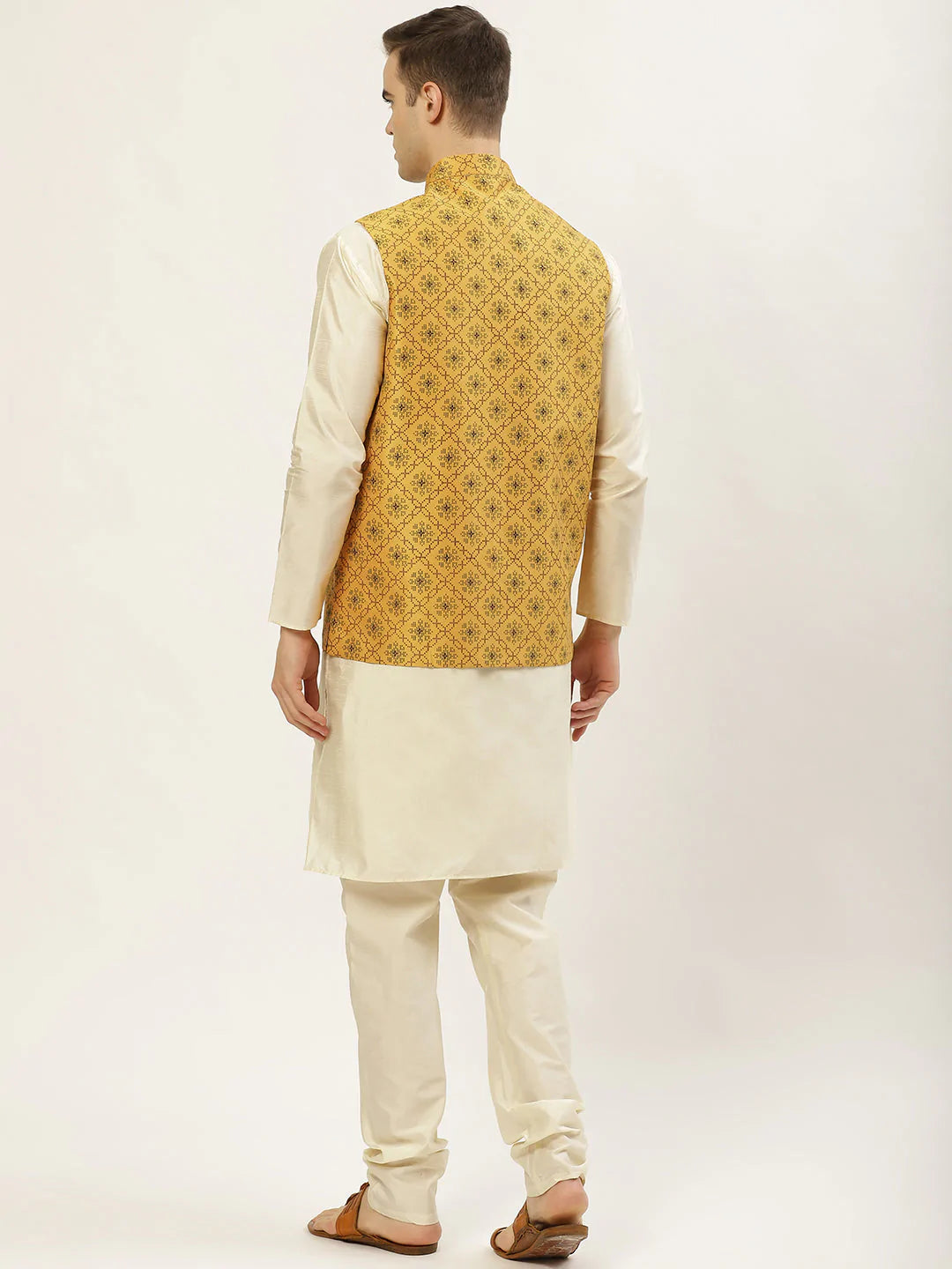 Men's Printed Nehru Jacket and Kurta Pyjama Set( JOKPWC W-D 4031Mustard )