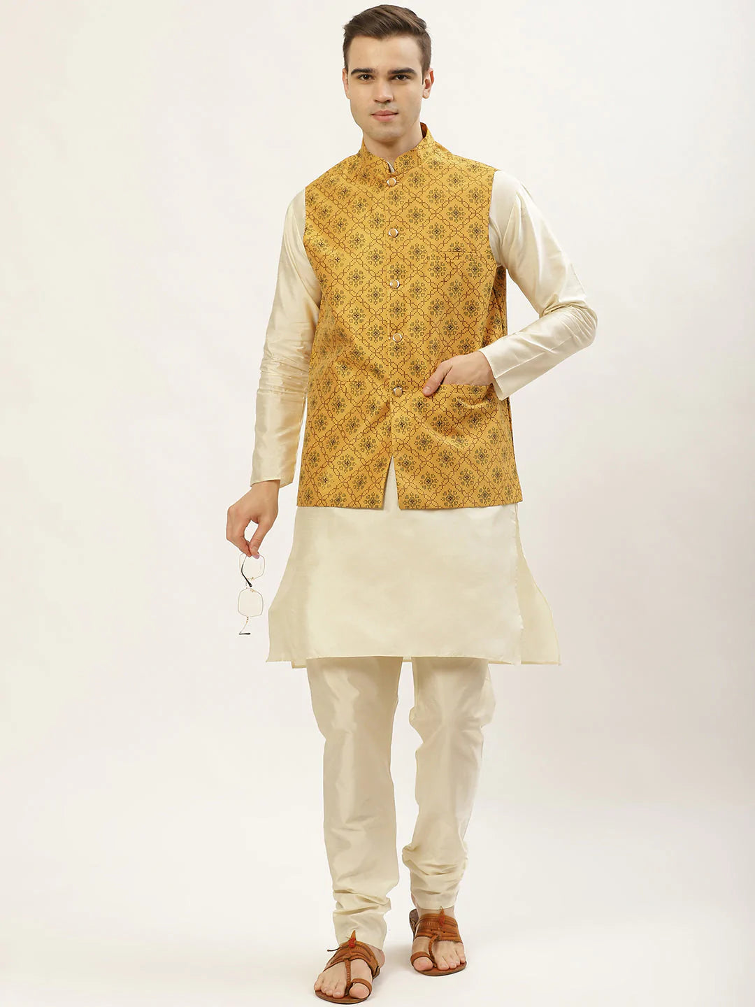 Men's Printed Nehru Jacket and Kurta Pyjama Set( JOKPWC W-D 4031Mustard )