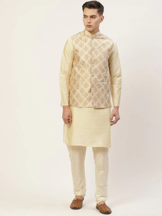 Men's Solid Kurta Pyjama With Floral Cream Printed Nehru Jacket( JOKPWC G-D 4032Cream )