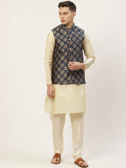 Men's Solid Kurta Pyjama With Floral Navy Printed Nehru Jacket( JOKPWC G-D 4032Navy )