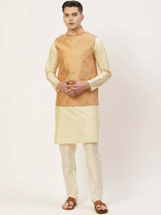Men's Solid Kurta Pyjama With Floral Peach Printed Nehru Jacket( JOKPWC G-D 4032Peach )