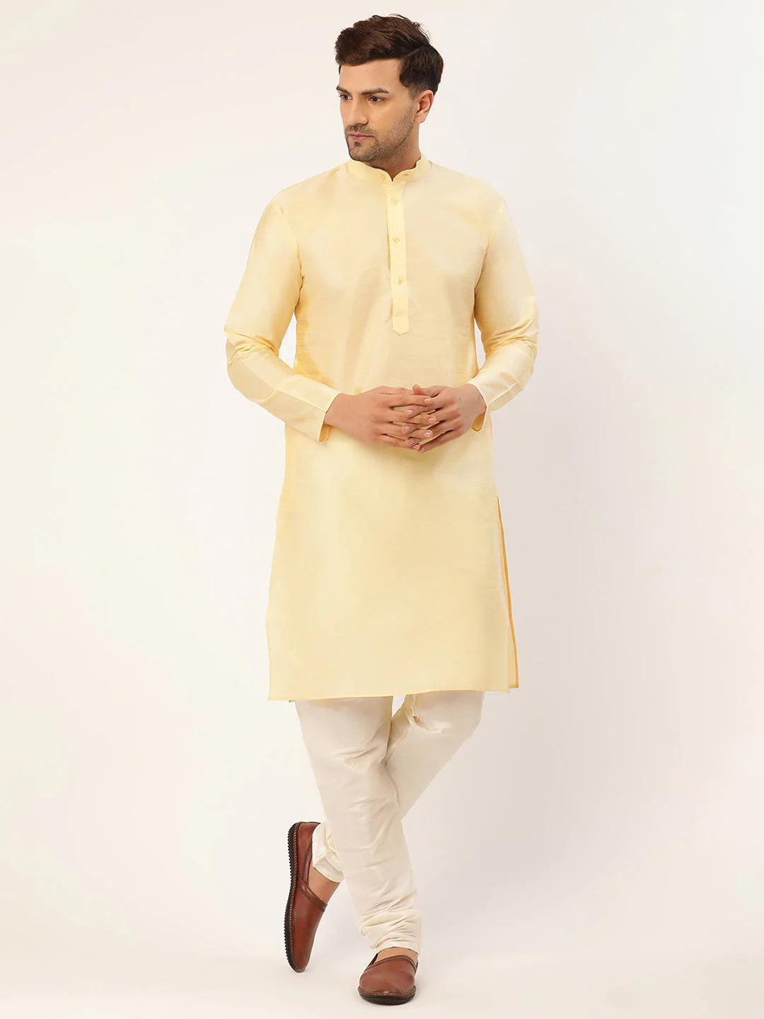Men's Solid Kurta Pyjama With Cream Embroidered Nehru Jacket( JOKPWC G-D 4038Cream )