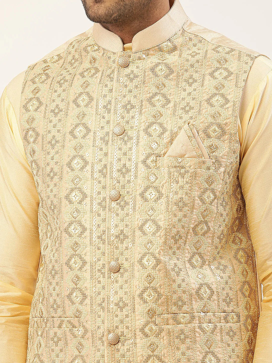 Men's Solid Kurta Pyjama With Cream Embroidered Nehru Jacket( JOKPWC G-D 4038Cream )