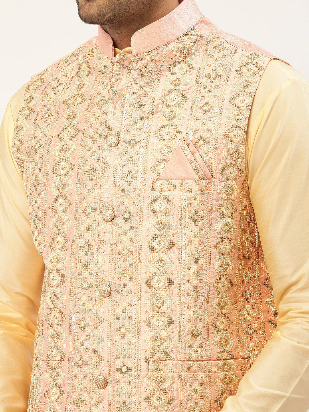 Men's Solid Kurta Pyjama With Pink Embroidered Nehru Jacket( JOKPWC G-D 4038Pink )