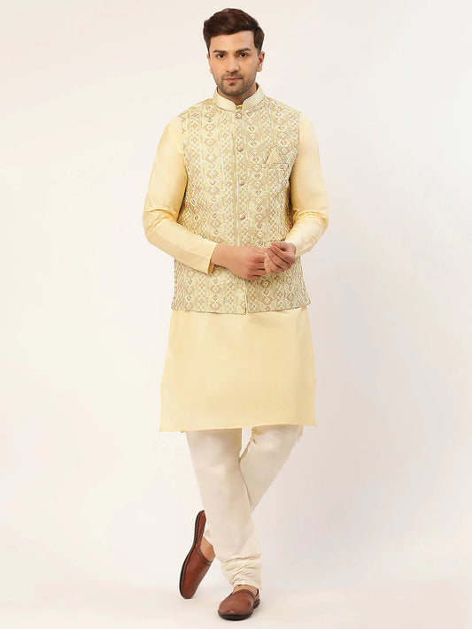 Men's Solid Kurta Pyjama With Pista Green Embroidered Nehru Jacket( JOKPWC G-D 4038Pista )