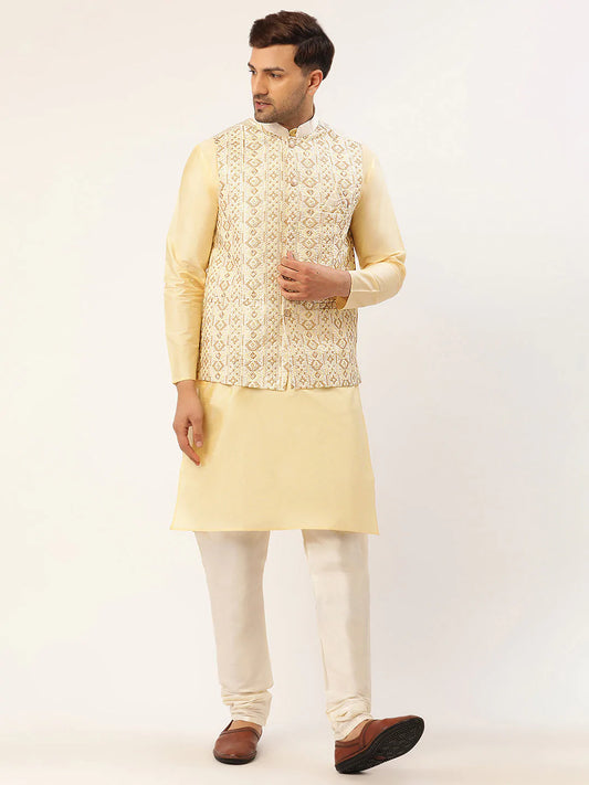 Men's Solid Kurta Pyjama With White Embroidered Nehru Jacket( JOKPWC G-D 4038White )