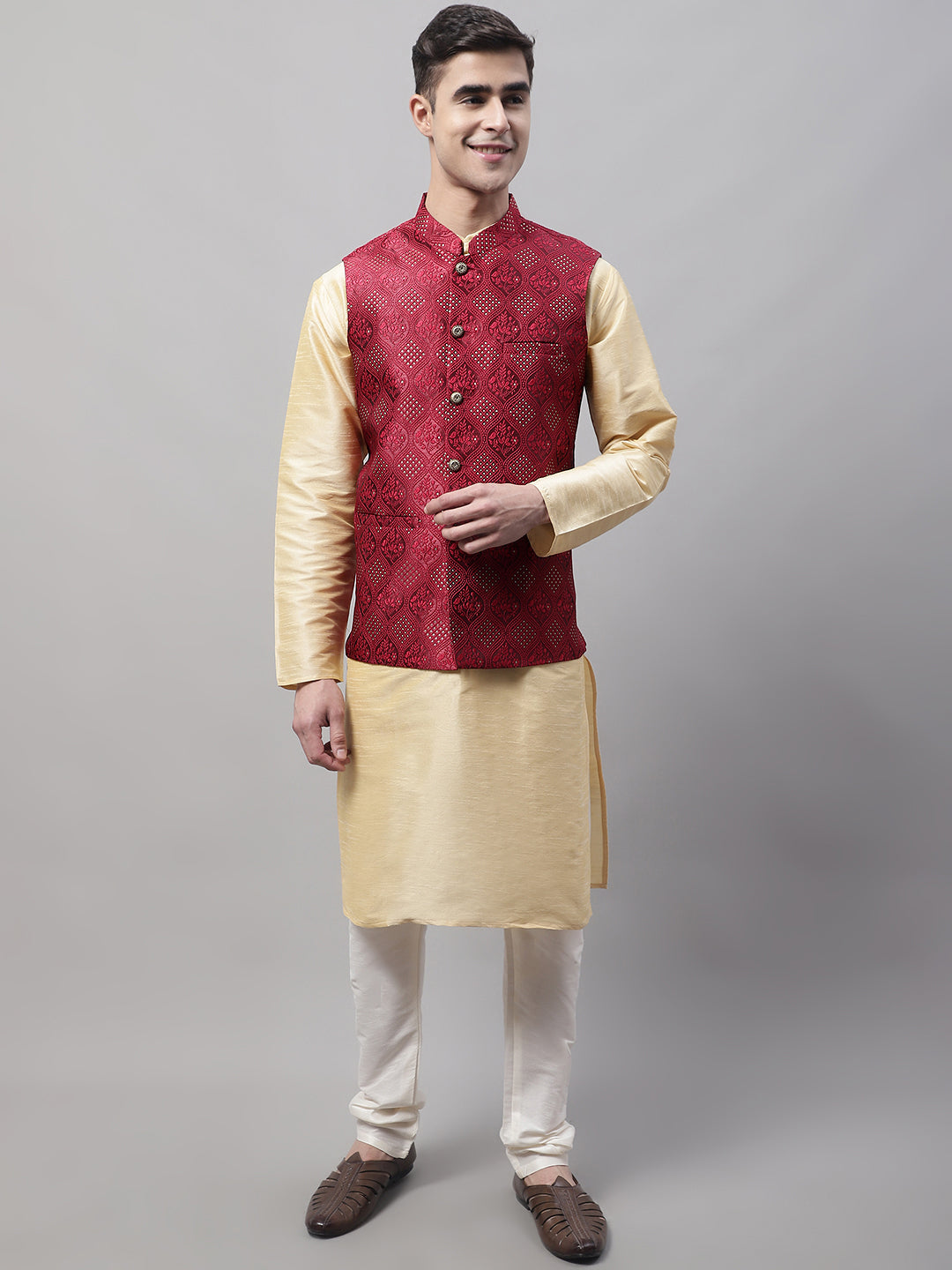 Men Golden Solid Kurta Pyjama with Maroon Woven Design Nehru Jacket ( JOKPWC G-D 4071 Maroon )