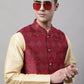 Men Golden Solid Kurta Pyjama with Maroon Woven Design Nehru Jacket ( JOKPWC G-D 4071 Maroon )