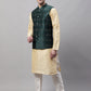 Men Golden Solid Kurta Pyjama with Olive Woven Design Nehru Jacket ( JOKPWC G-D 4071 Olive )