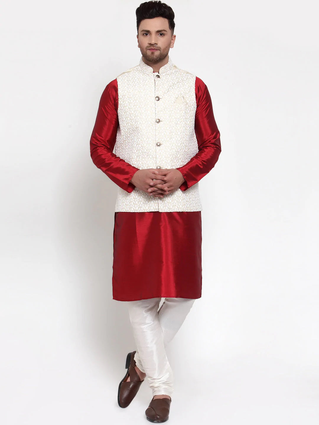 Jompers Men's Solid Dupion Kurta Pajama with Embroidered Nehru Jacket ( JOKPWC M-D 4012Beige )