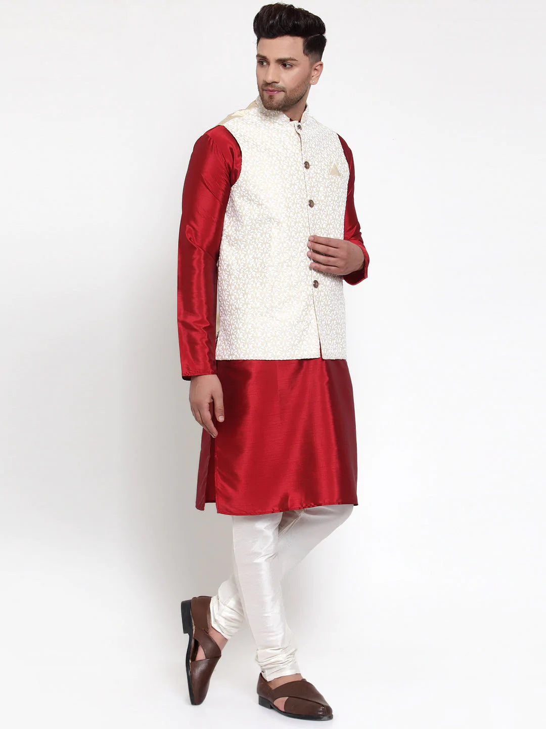 Jompers Men's Solid Dupion Kurta Pajama with Embroidered Nehru Jacket ( JOKPWC M-D 4012Beige )