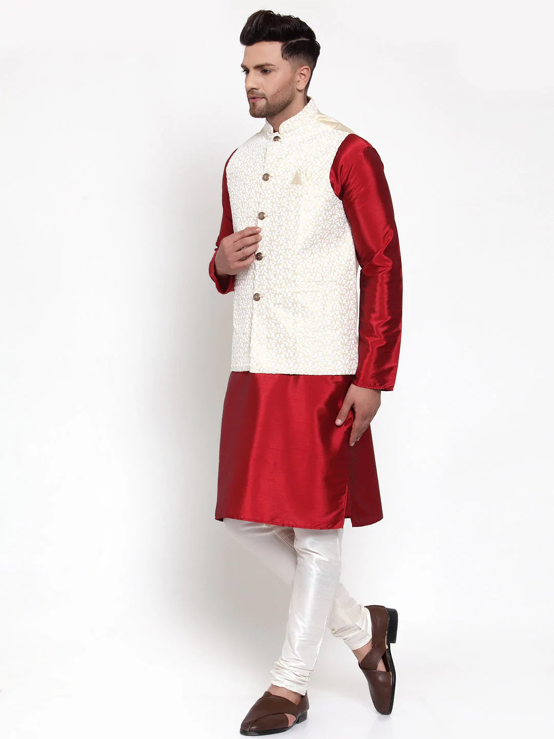 Jompers Men's Solid Dupion Kurta Pajama with Embroidered Nehru Jacket ( JOKPWC M-D 4012Beige )