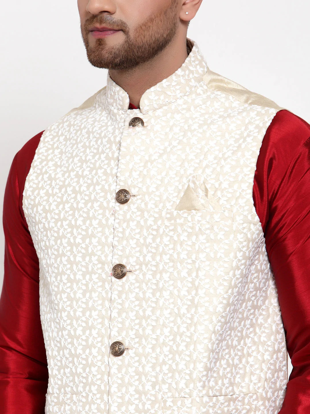 Jompers Men's Solid Dupion Kurta Pajama with Embroidered Nehru Jacket ( JOKPWC M-D 4012Beige )