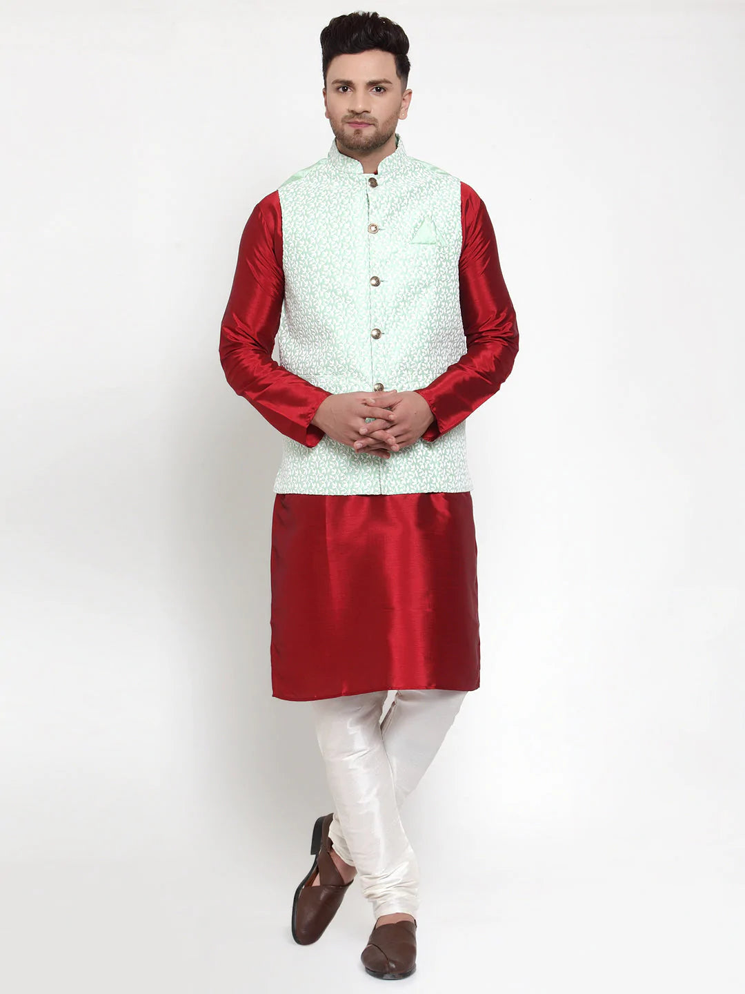 Jompers Men's Solid Dupion Kurta Pajama with Embroidered Nehru Jacket ( JOKPWC M-D 4012Light-Green )