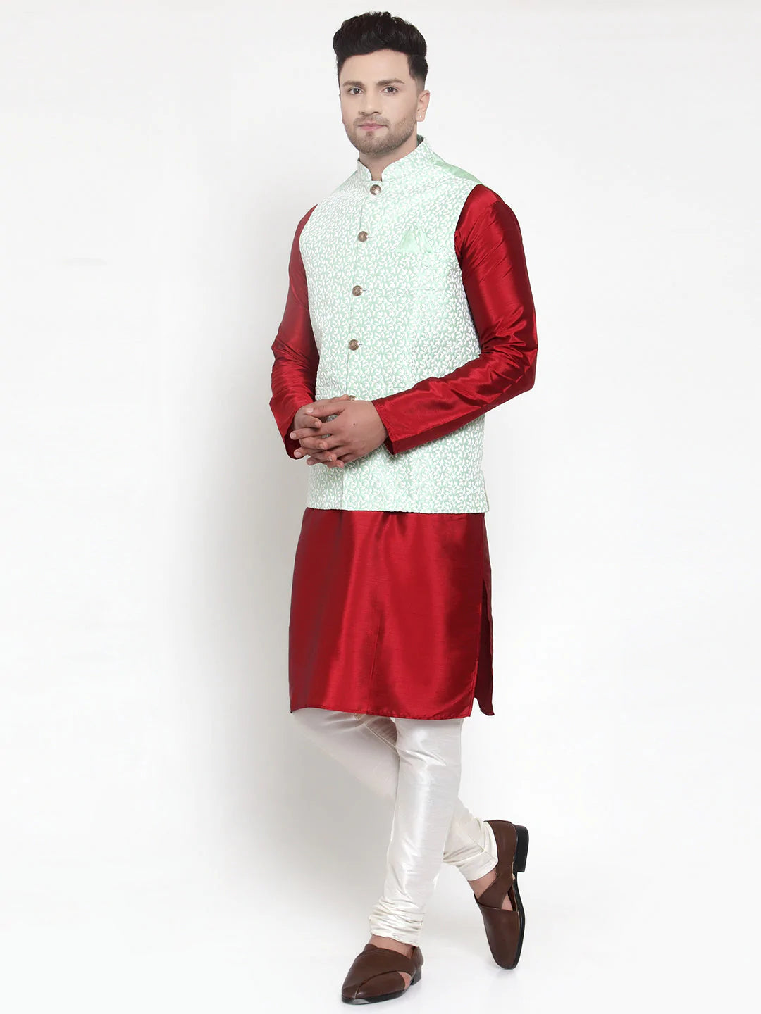 Jompers Men's Solid Dupion Kurta Pajama with Embroidered Nehru Jacket ( JOKPWC M-D 4012Light-Green )