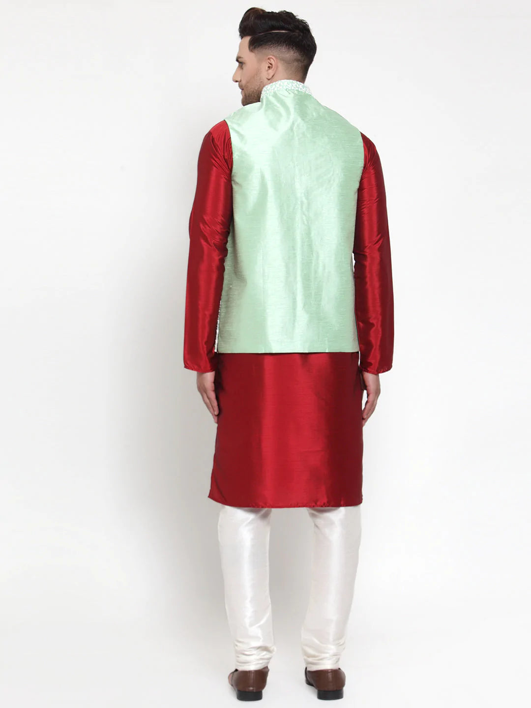 Jompers Men's Solid Dupion Kurta Pajama with Embroidered Nehru Jacket ( JOKPWC M-D 4012Light-Green )