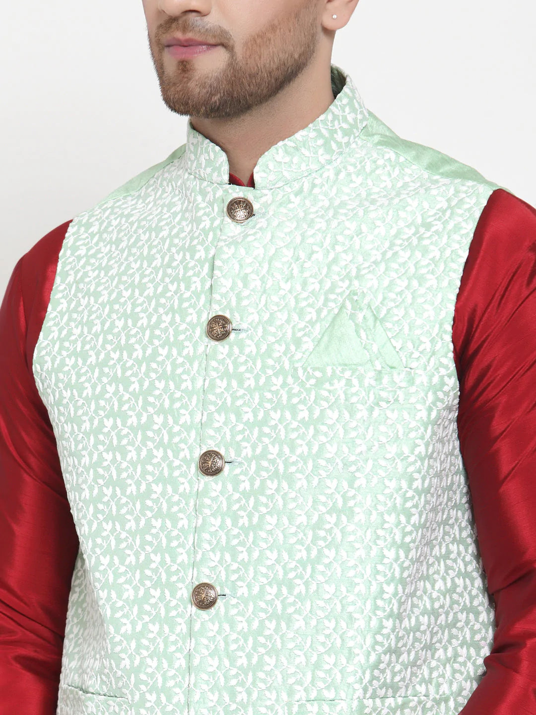 Jompers Men's Solid Dupion Kurta Pajama with Embroidered Nehru Jacket ( JOKPWC M-D 4012Light-Green )