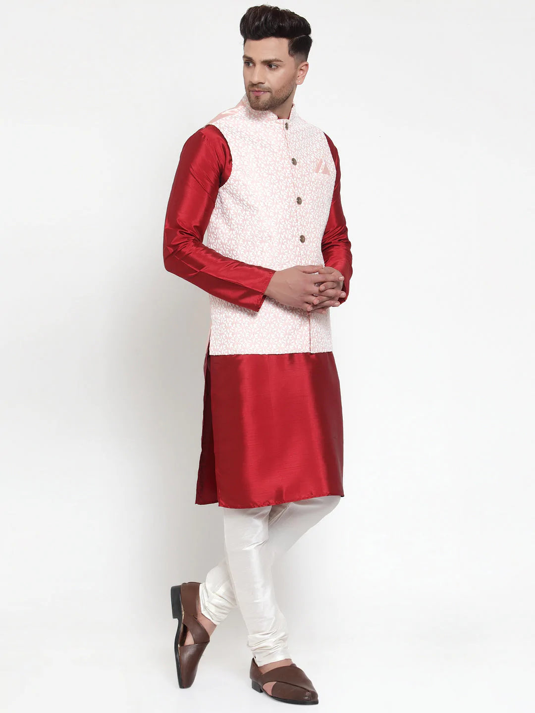 Jompers Men's Solid Dupion Kurta Pajama with Embroidered Nehru Jacket ( JOKPWC M-D 4012Pink )