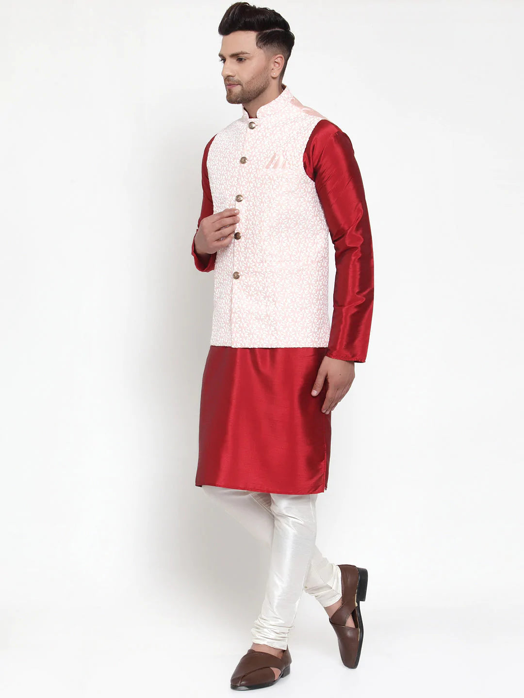 Jompers Men's Solid Dupion Kurta Pajama with Embroidered Nehru Jacket ( JOKPWC M-D 4012Pink )