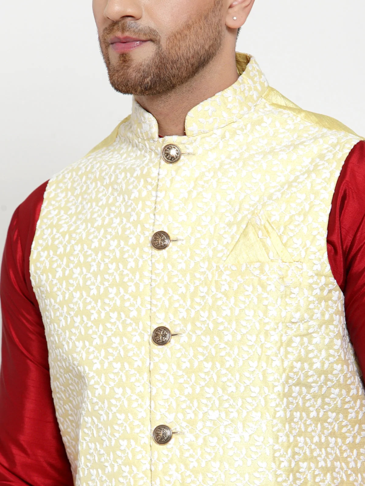 Jompers Men's Solid Dupion Kurta Pajama with Embroidered Nehru Jacket ( JOKPWC M-D 4012Yellow )