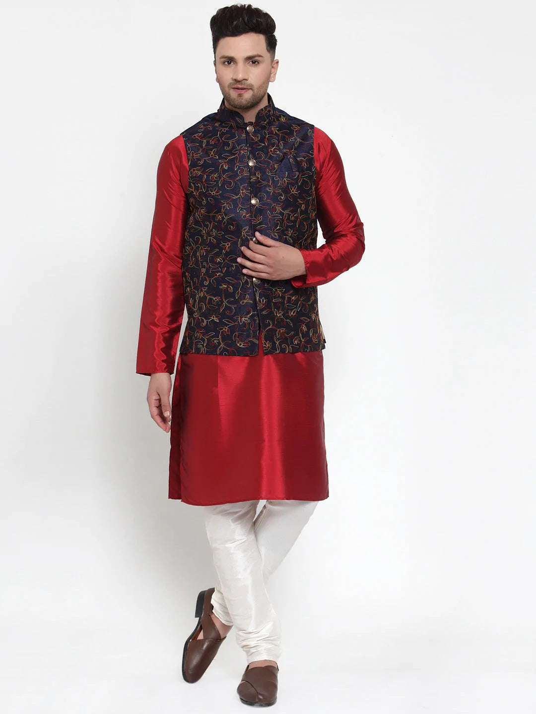 Jompers Men's Solid Dupion Kurta Pajama with Woven Nehru Jacket ( JOKPWC M-D 4013Navy )