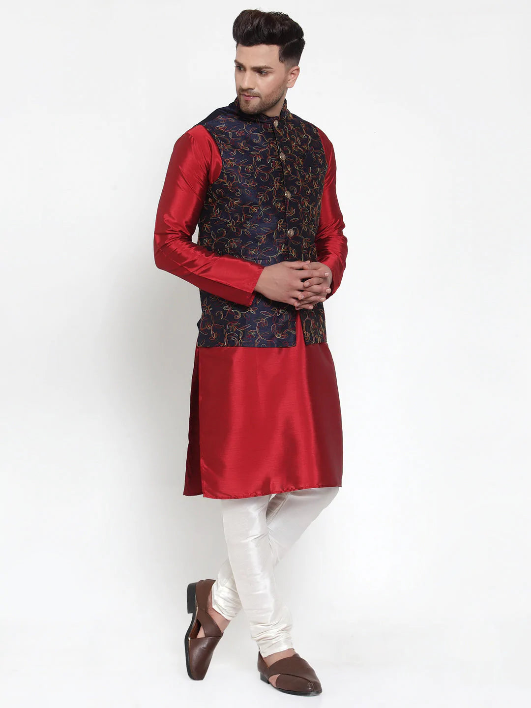 Jompers Men's Solid Dupion Kurta Pajama with Woven Nehru Jacket ( JOKPWC M-D 4013Navy )