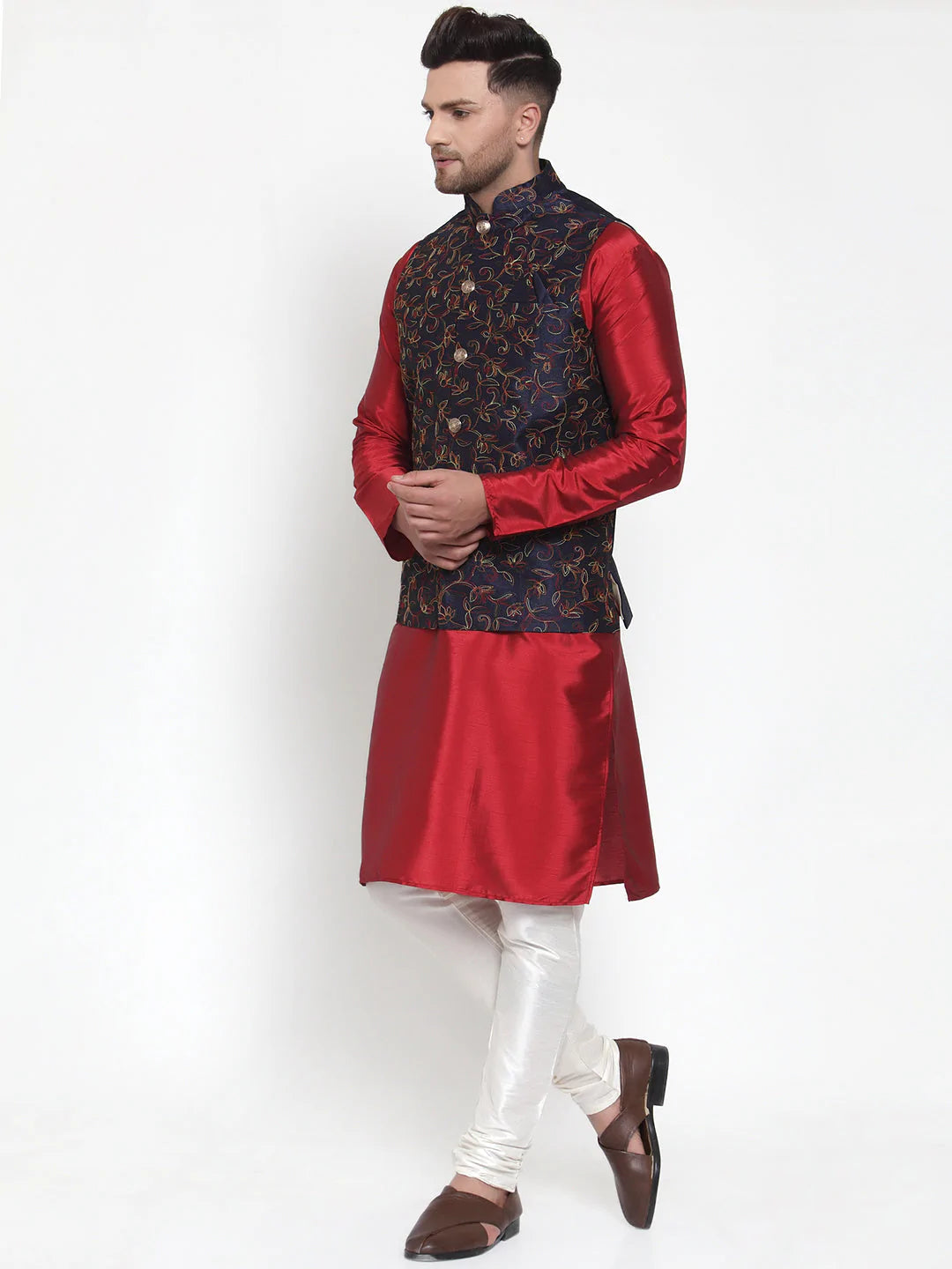 Jompers Men's Solid Dupion Kurta Pajama with Woven Nehru Jacket ( JOKPWC M-D 4013Navy )