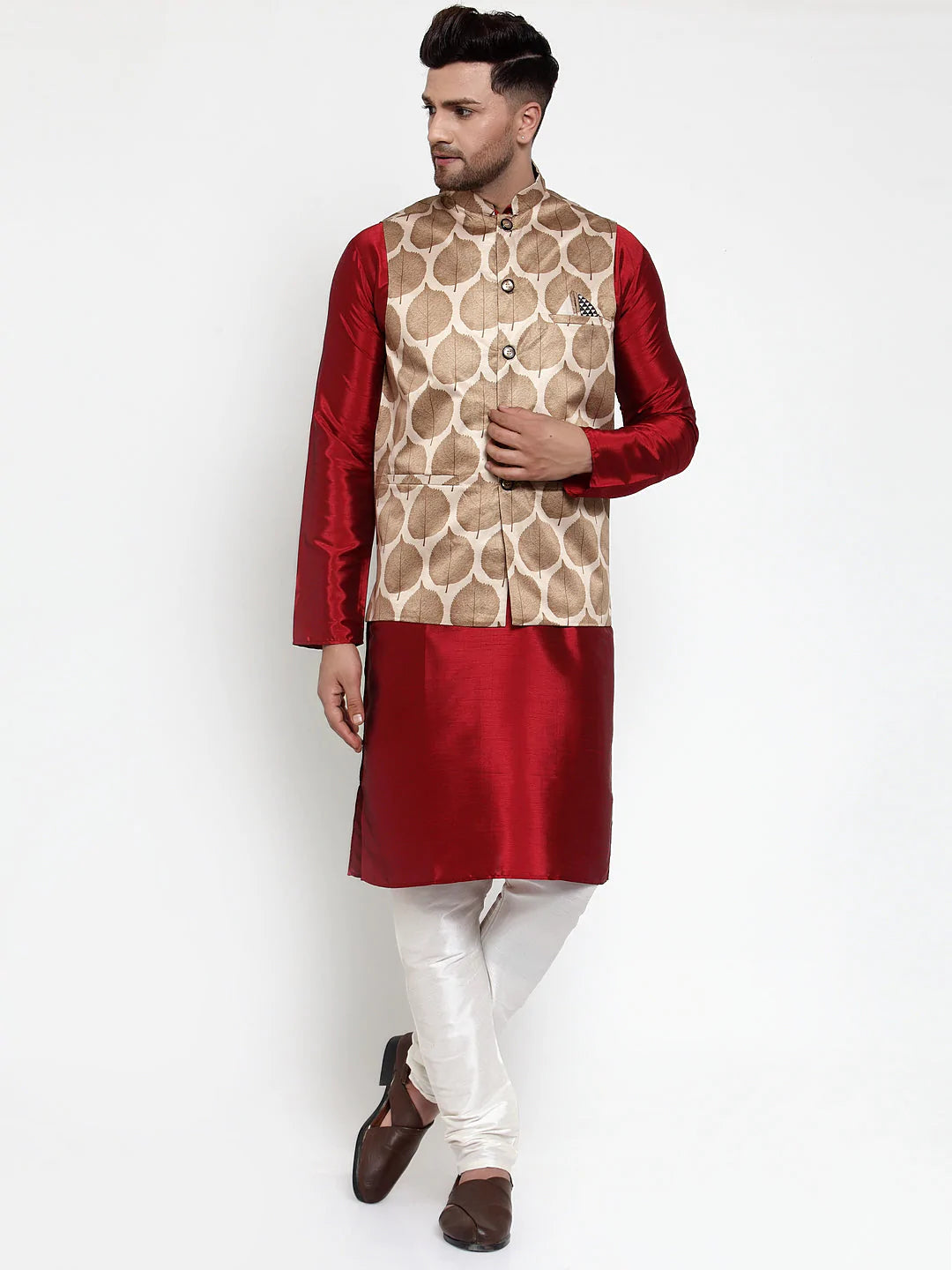 Jompers Men's Solid Dupion Kurta Pajama with Printed Nehru Jacket ( JOKPWC M-D 4014Brown )