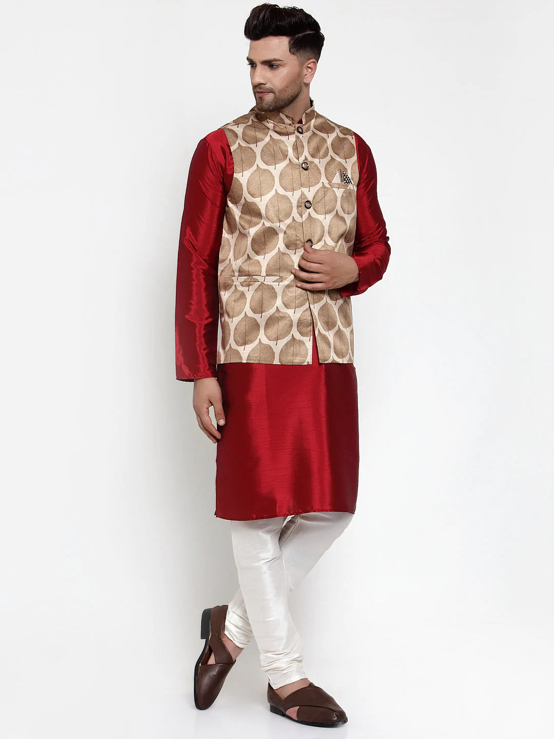 Jompers Men's Solid Dupion Kurta Pajama with Printed Nehru Jacket ( JOKPWC M-D 4014Brown )