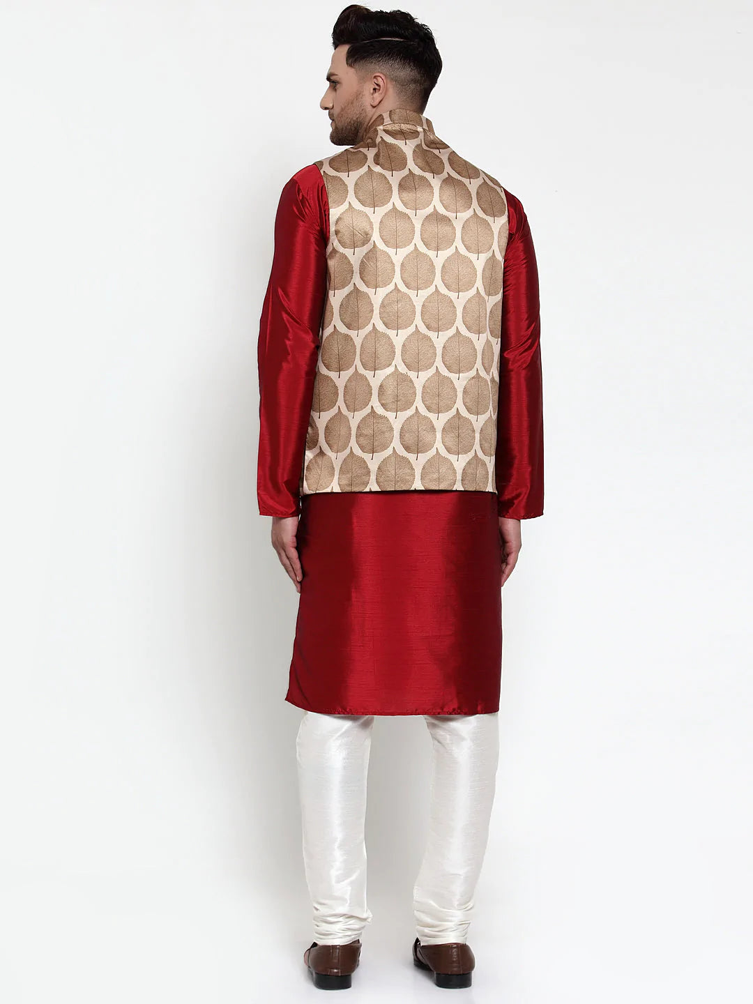 Jompers Men's Solid Dupion Kurta Pajama with Printed Nehru Jacket ( JOKPWC M-D 4014Brown )