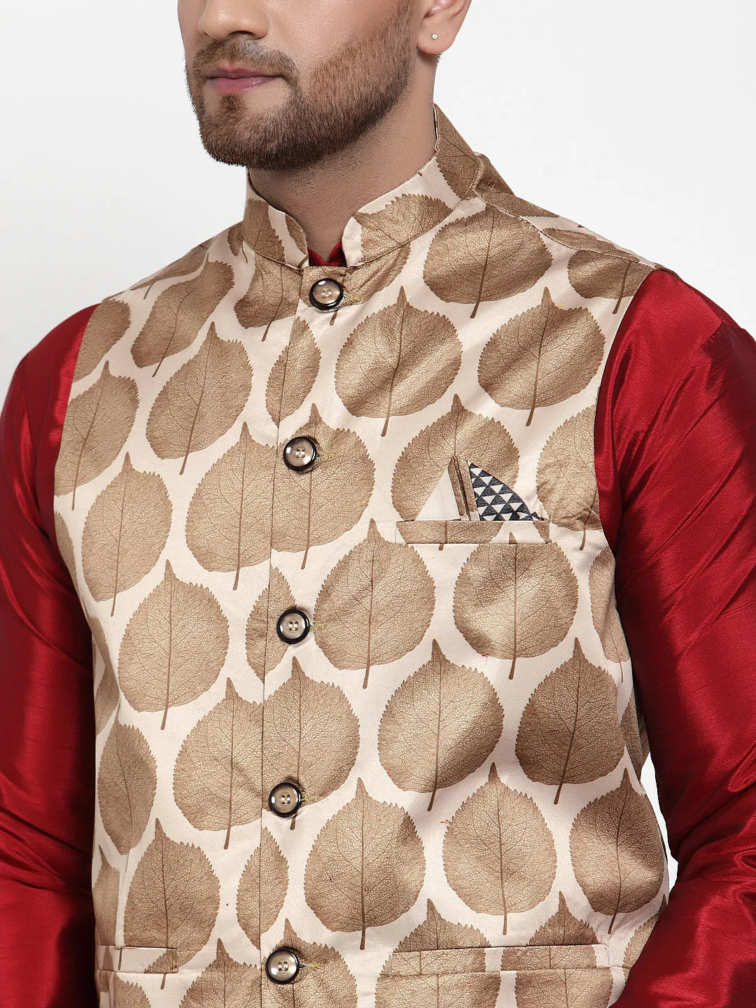 Jompers Men's Solid Dupion Kurta Pajama with Printed Nehru Jacket ( JOKPWC M-D 4014Brown )