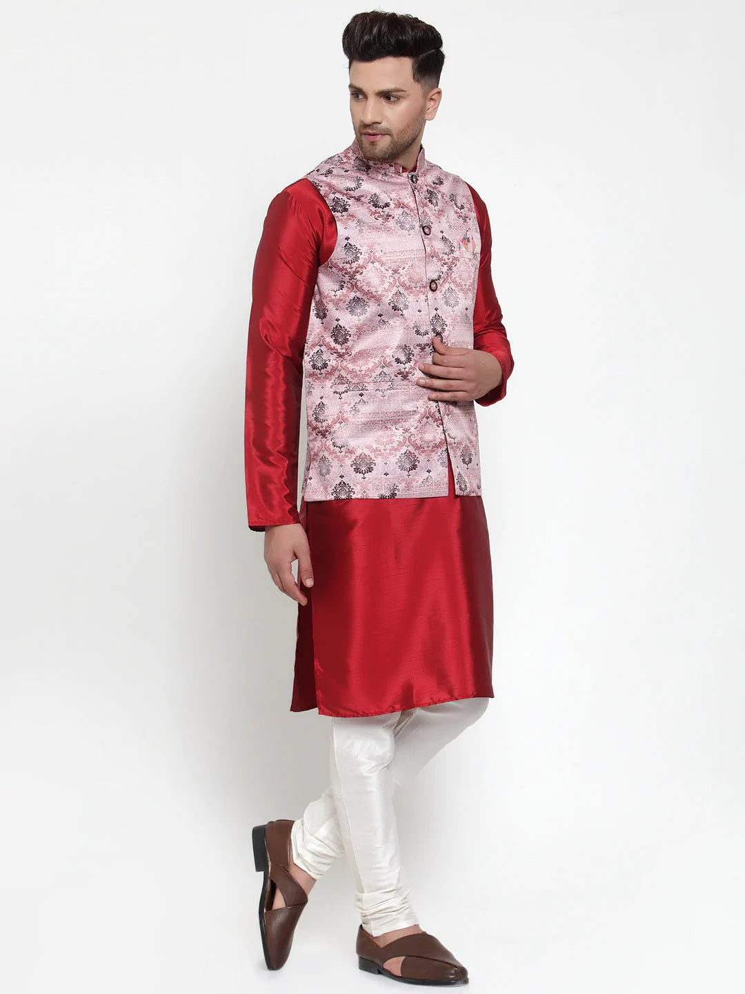 Jompers Men's Solid Dupion Kurta Pajama with Printed Nehru Jacket ( JOKPWC M-D 4014Pink )
