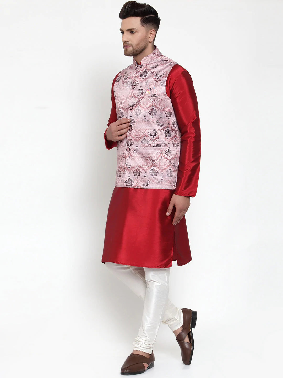 Jompers Men's Solid Dupion Kurta Pajama with Printed Nehru Jacket ( JOKPWC M-D 4014Pink )