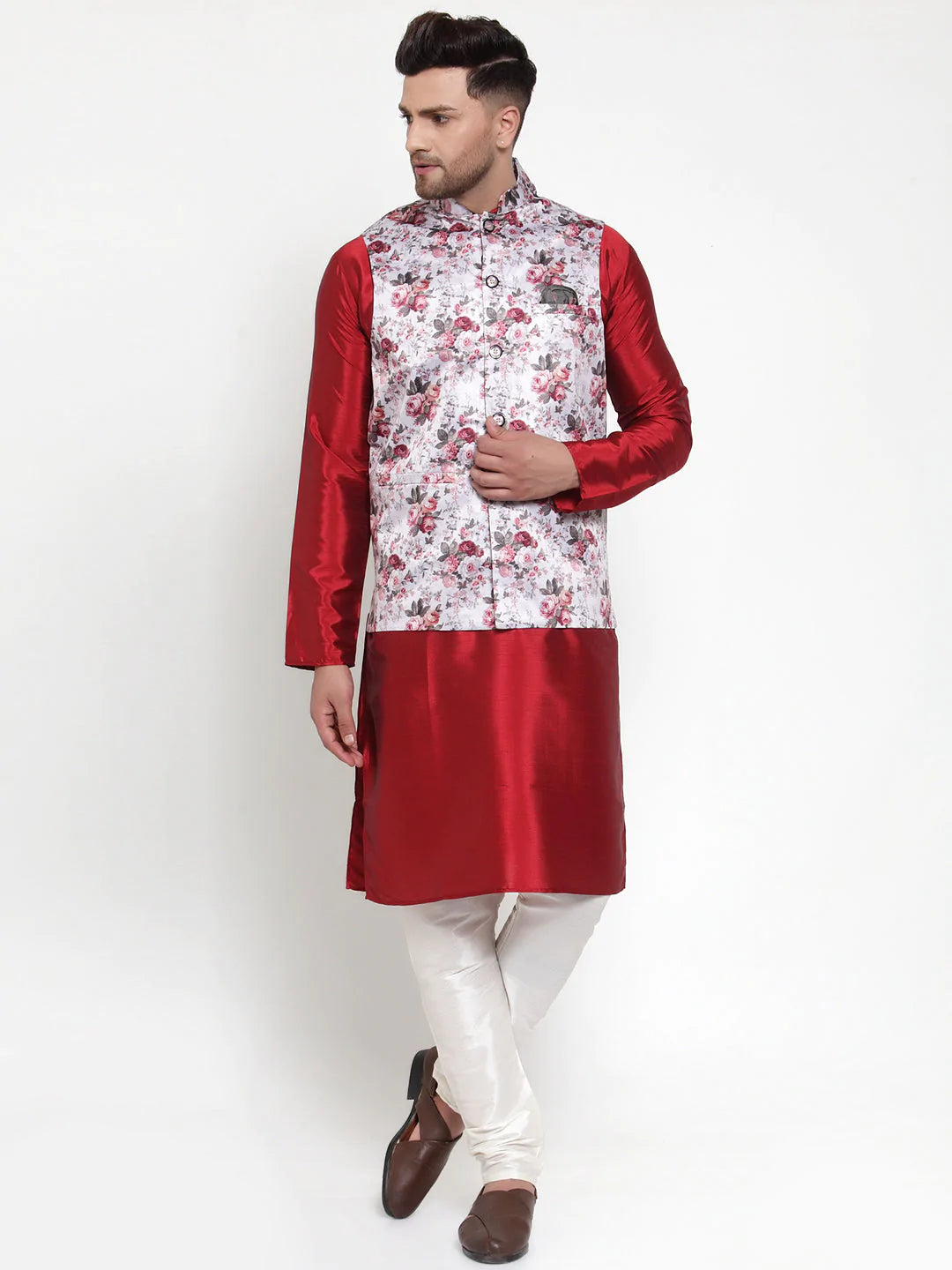 Jompers Men's Solid Dupion Kurta Pajama with Printed Nehru Jacket ( JOKPWC M-D 4014Silver )