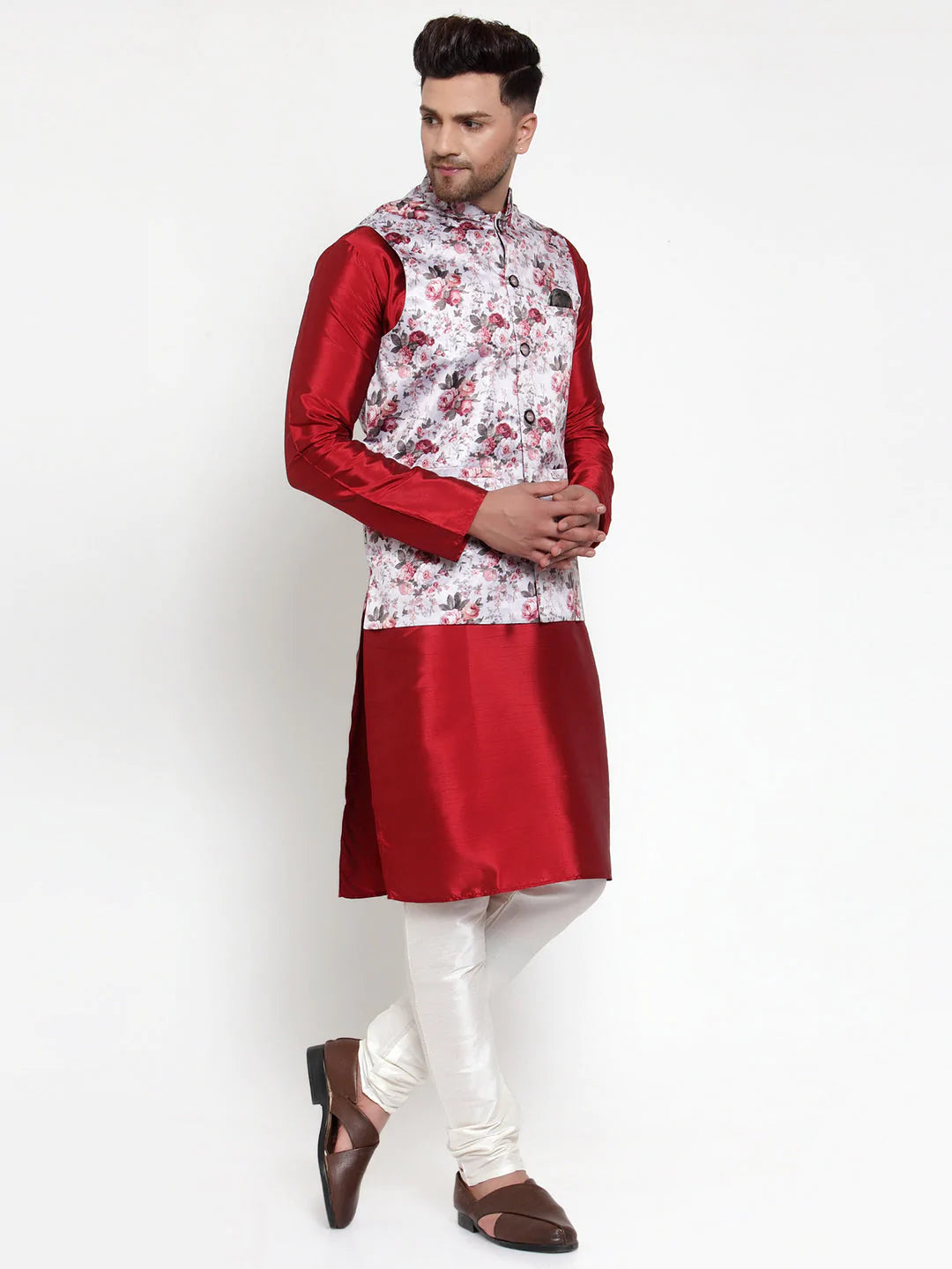 Jompers Men's Solid Dupion Kurta Pajama with Printed Nehru Jacket ( JOKPWC M-D 4014Silver )