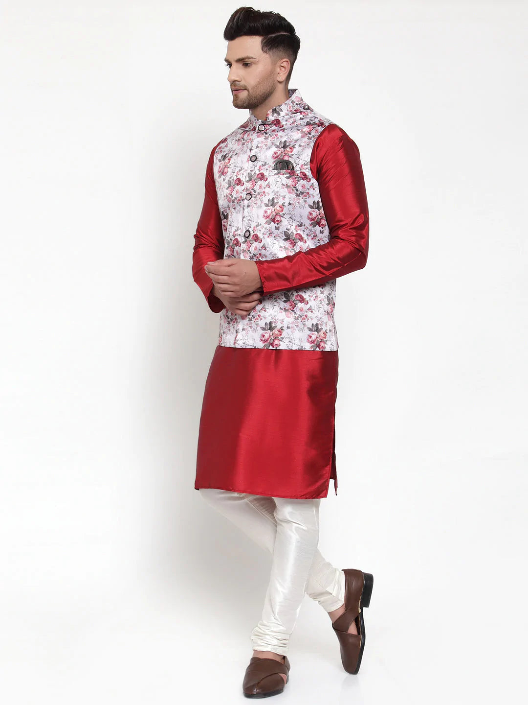 Jompers Men's Solid Dupion Kurta Pajama with Printed Nehru Jacket ( JOKPWC M-D 4014Silver )