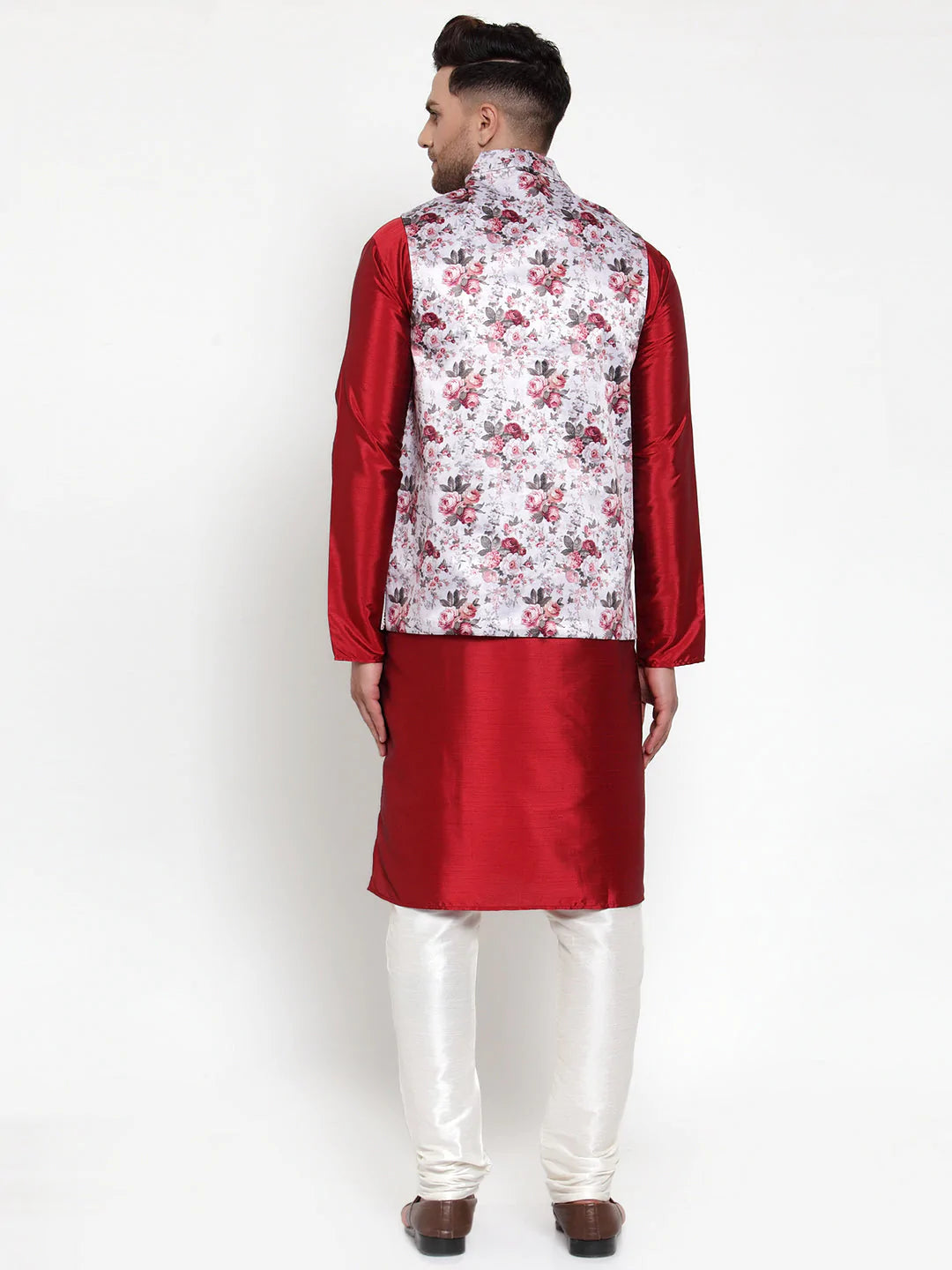 Jompers Men's Solid Dupion Kurta Pajama with Printed Nehru Jacket ( JOKPWC M-D 4014Silver )