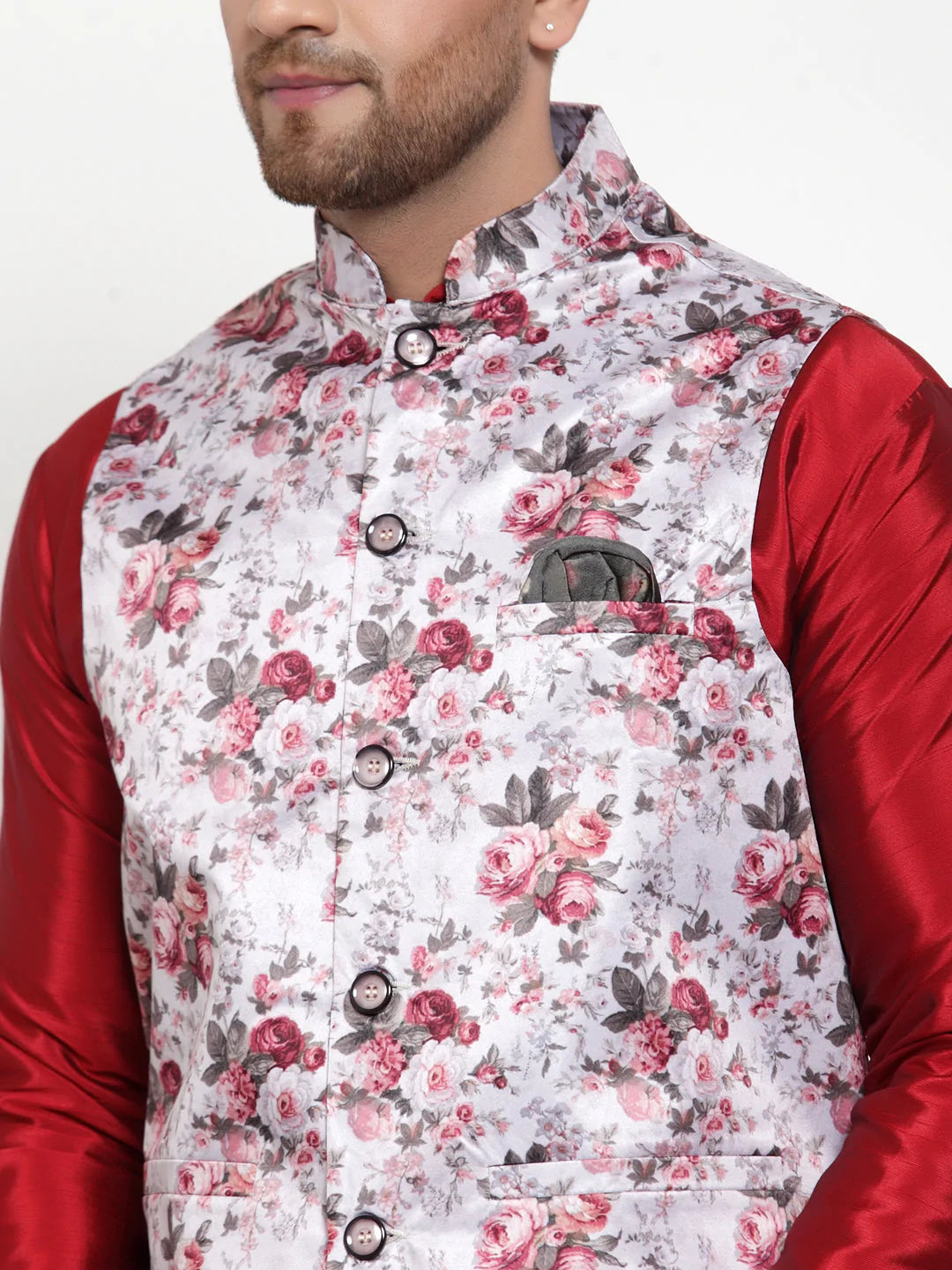 Jompers Men's Solid Dupion Kurta Pajama with Printed Nehru Jacket ( JOKPWC M-D 4014Silver )