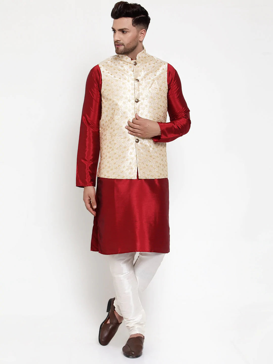 Jompers Men's Solid Dupion Kurta Pajama with Embroidered Nehru Jacket ( JOKPWC M-D 4015Cream )
