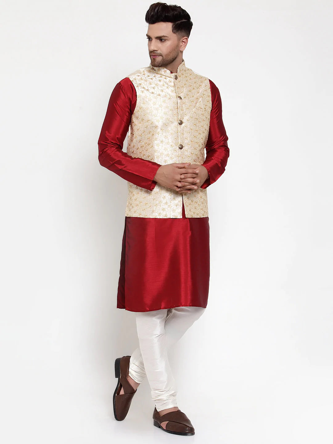 Jompers Men's Solid Dupion Kurta Pajama with Embroidered Nehru Jacket ( JOKPWC M-D 4015Cream )