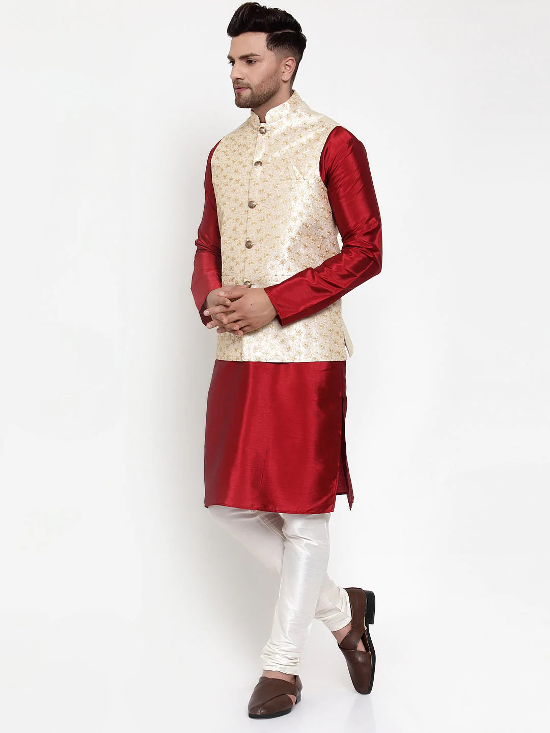 Jompers Men's Solid Dupion Kurta Pajama with Embroidered Nehru Jacket ( JOKPWC M-D 4015Cream )