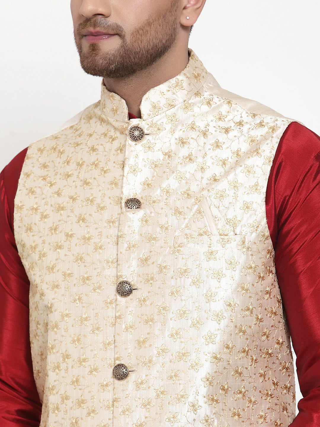 Jompers Men's Solid Dupion Kurta Pajama with Embroidered Nehru Jacket ( JOKPWC M-D 4015Cream )