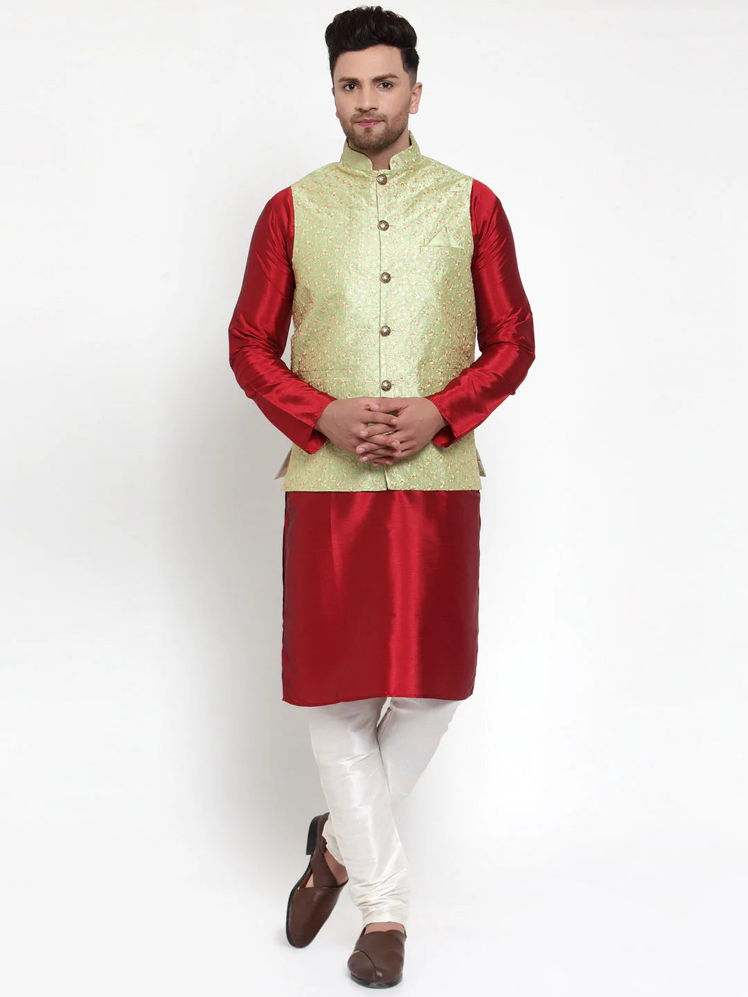 Jompers Men's Solid Dupion Kurta Pajama with Embroidered Nehru Jacket ( JOKPWC M-D 4015Green )