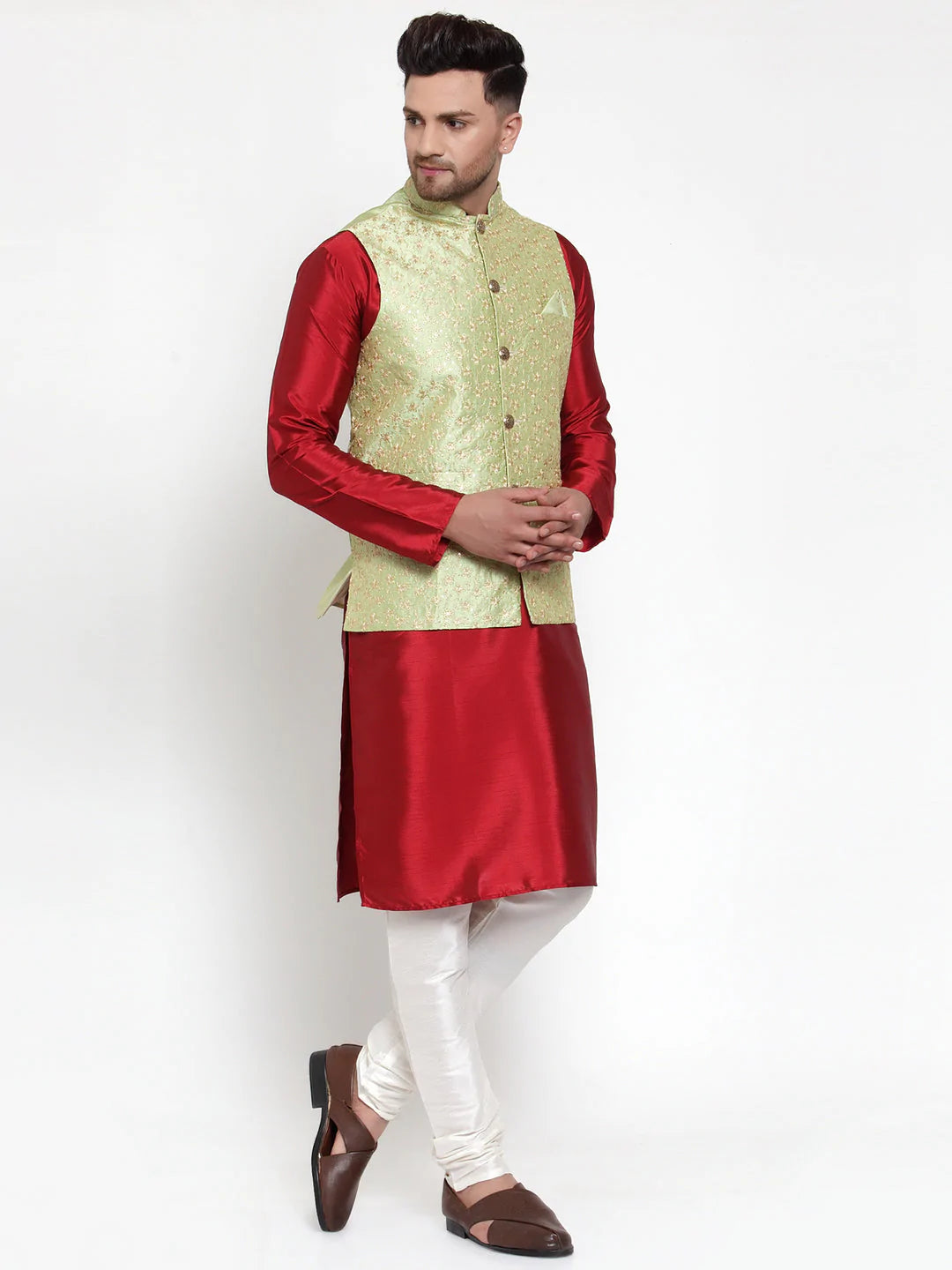 Jompers Men's Solid Dupion Kurta Pajama with Embroidered Nehru Jacket ( JOKPWC M-D 4015Green )