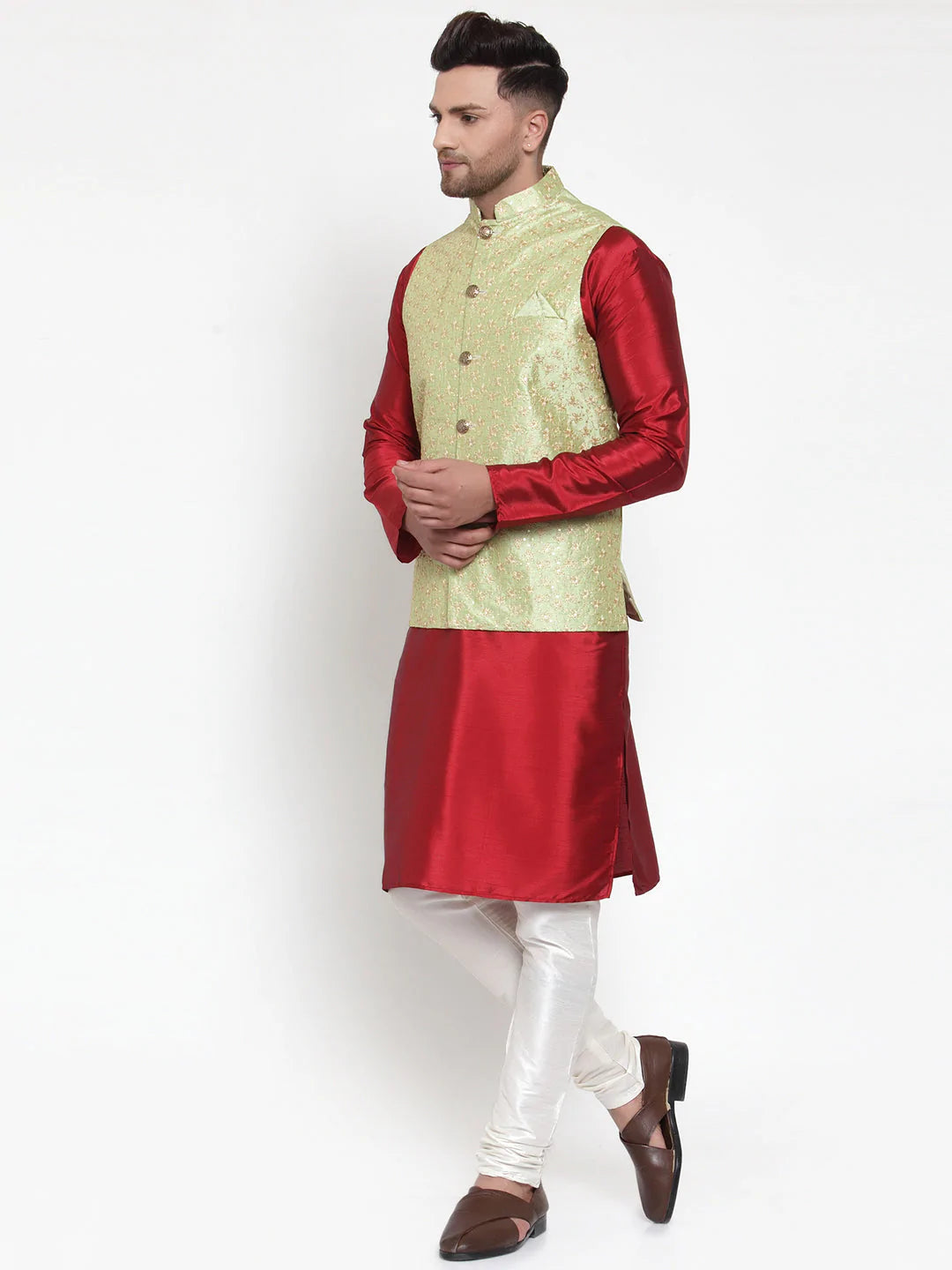 Jompers Men's Solid Dupion Kurta Pajama with Embroidered Nehru Jacket ( JOKPWC M-D 4015Green )
