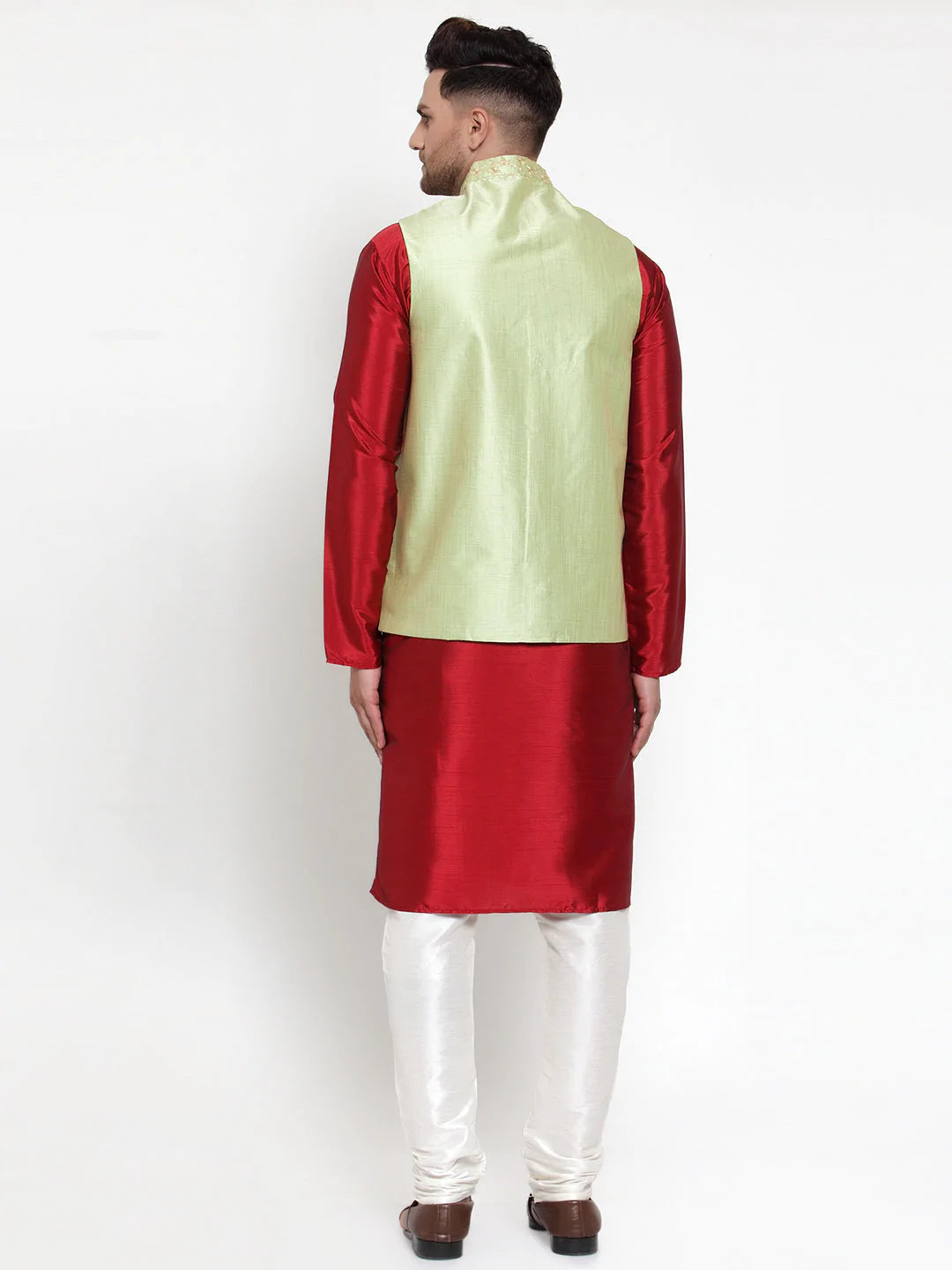 Jompers Men's Solid Dupion Kurta Pajama with Embroidered Nehru Jacket ( JOKPWC M-D 4015Green )